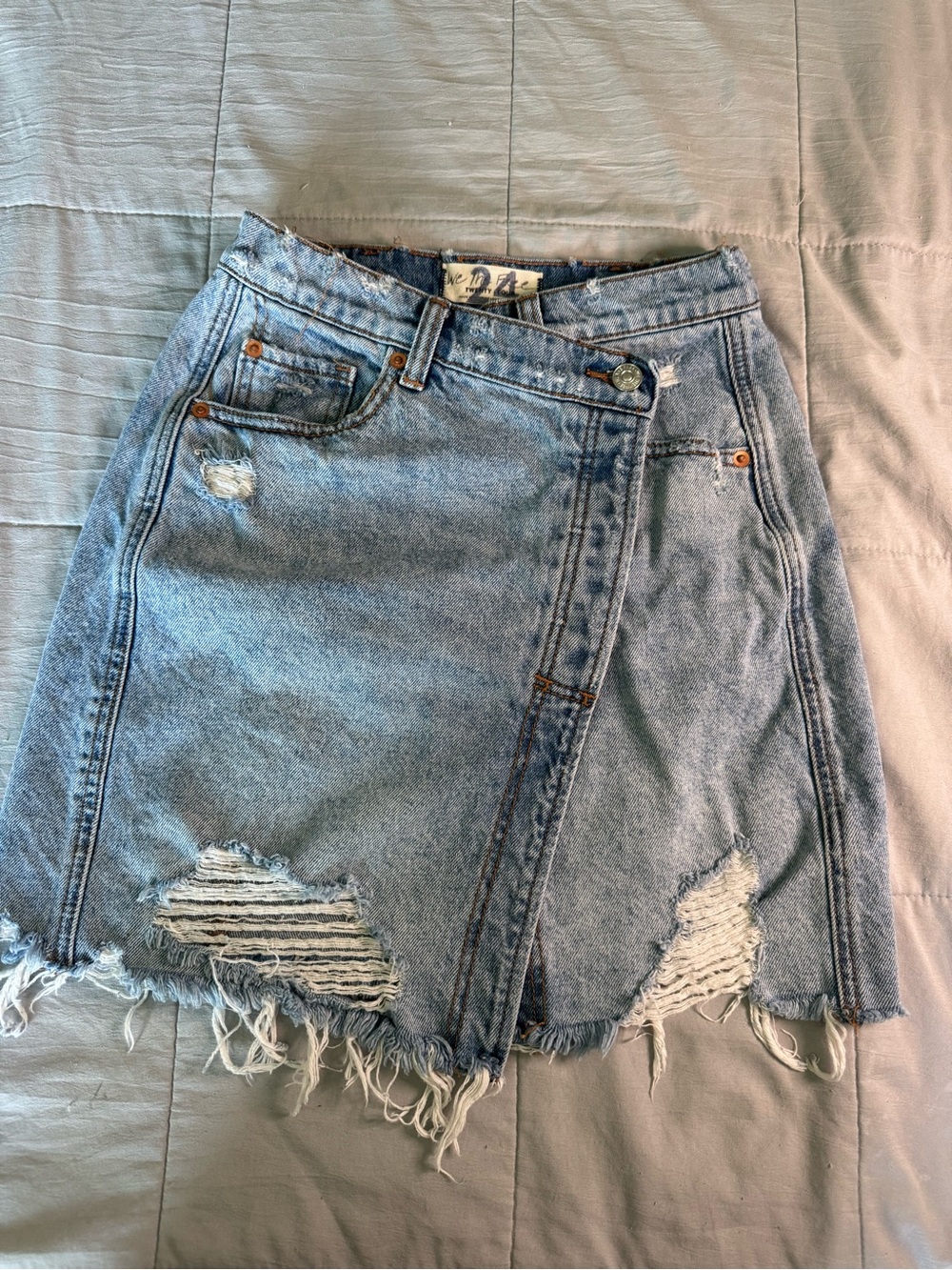 We The Free Light Blue Distressed Wrap Denim Mini Skirt
